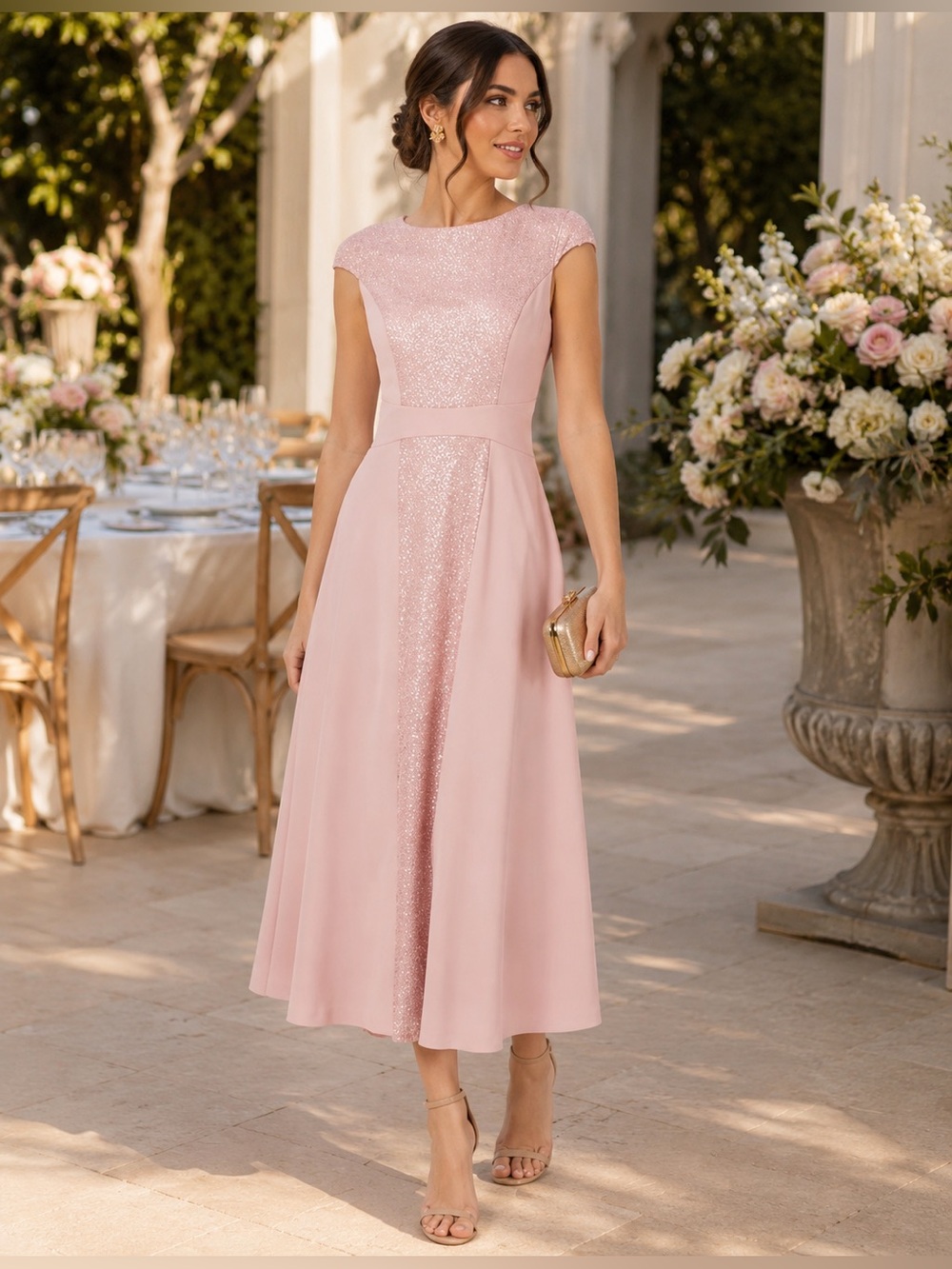 JS Collections Blush Pink Sparkle A-Line Midi Dress